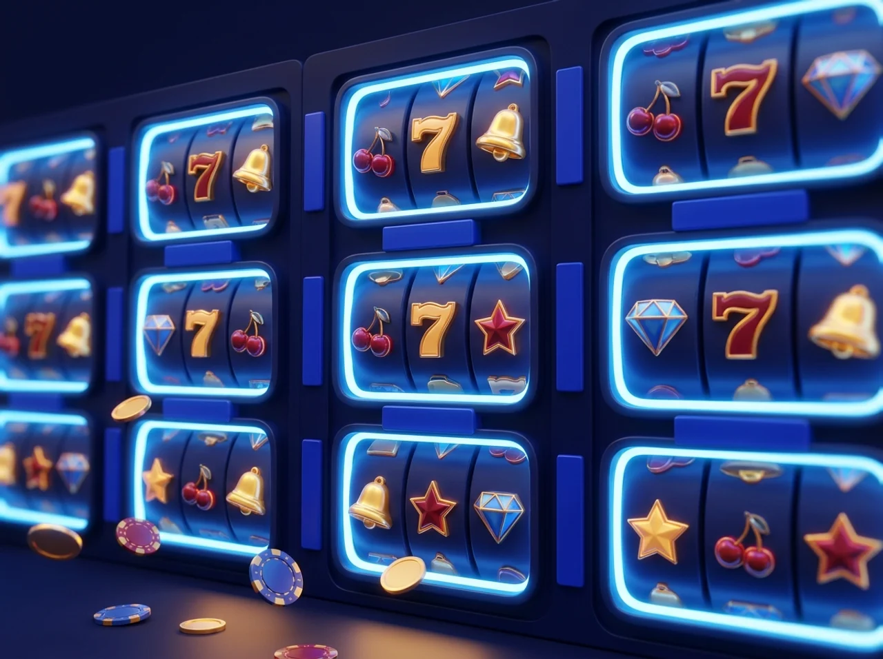 Illustrasjon: vegg av spilleautomater med symboler