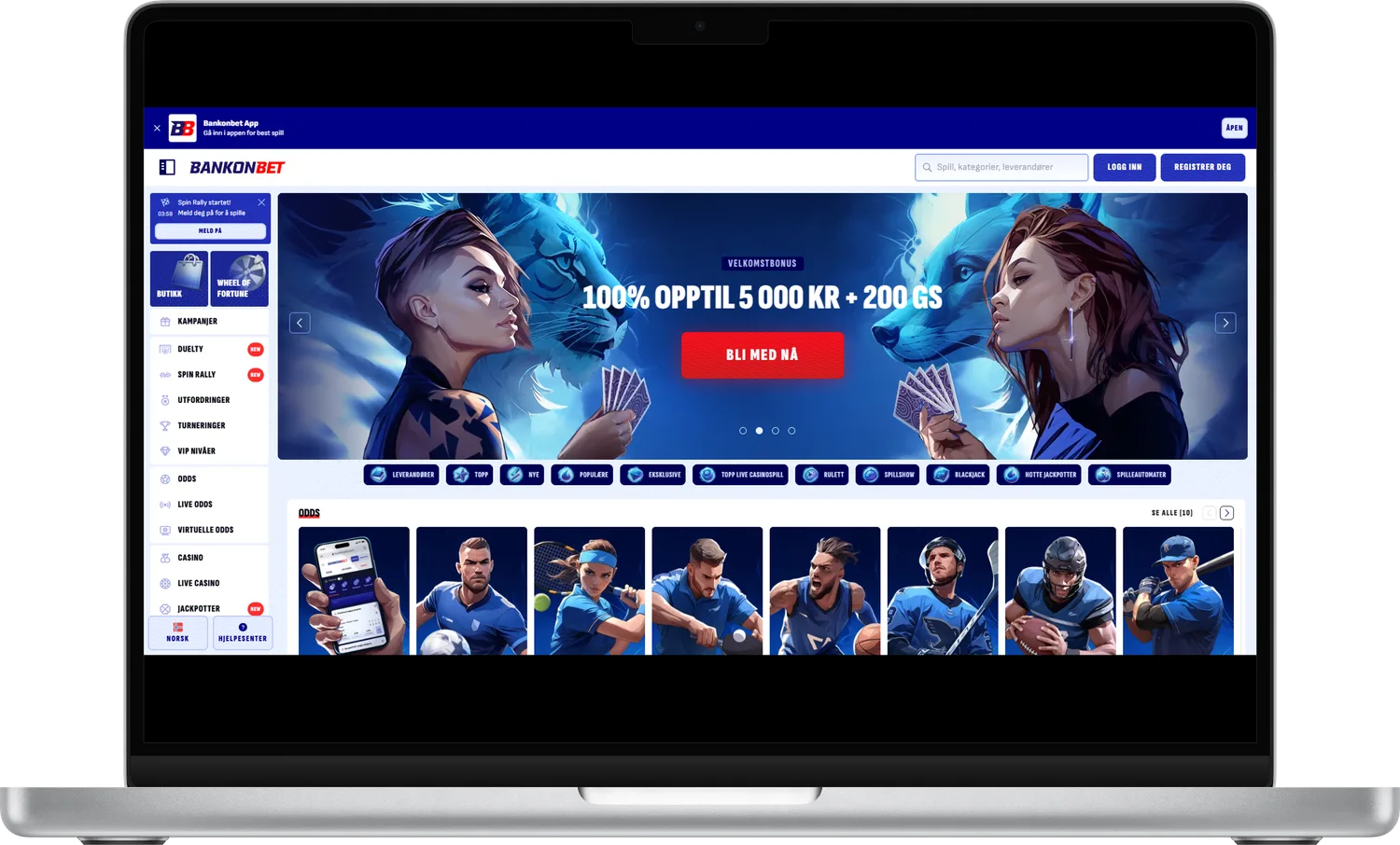 Skjermbilde av Bankonbet-forsiden på desktop, august 2026