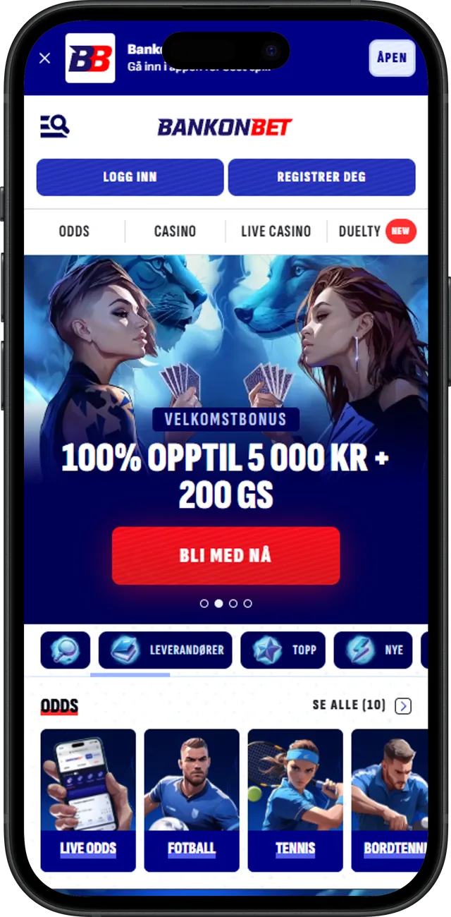 Skjermbilde av Bankonbet på mobil, august 2026